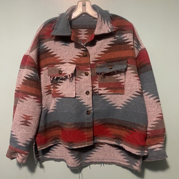Western WomensSmall Flannel Cropped Oversized High Low Vibrant Raw Hem Pockets - Picture 1 of 12